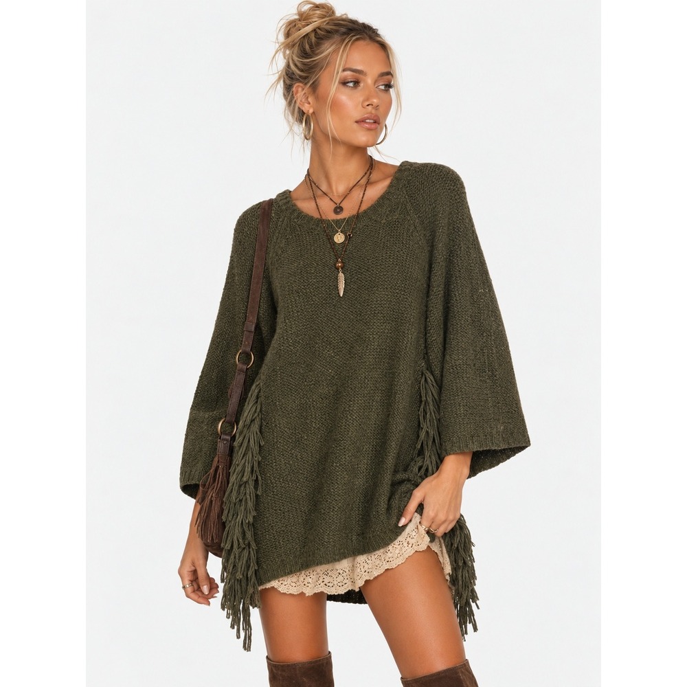 Maevy Concept Olive Green Fringe Poncho Sweater Embroidered Bird One Size TU
